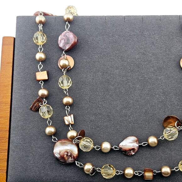 Stone And Shell Beaded Chain Link Necklace Brown Tan Natural Boho Beach 2-Strand - Picture 2 of 5